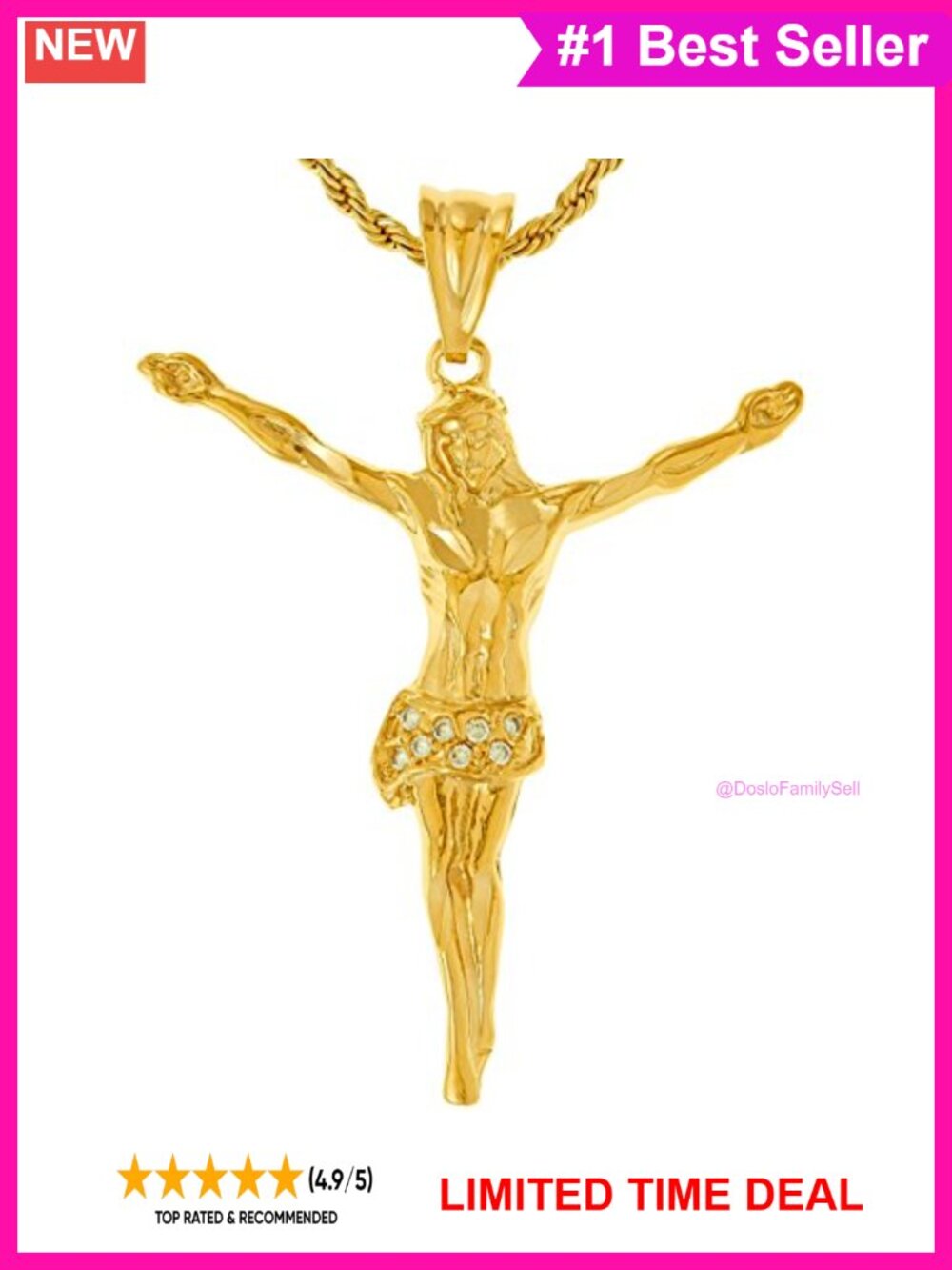 24k Gold Plated Cubic Zirconia Cross Pendant Necklace 20in Rope Chain